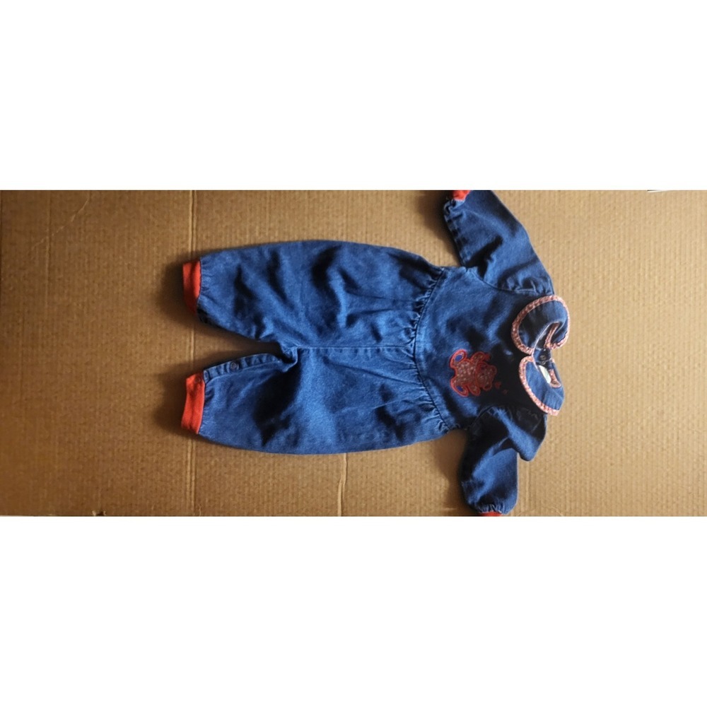 vintage Health-tex denim overall romper one‎ piece pink bear applique cuffs vtg